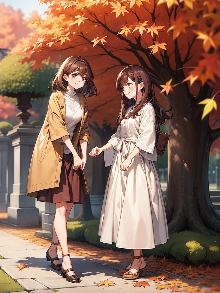 Best Quality、Autumn Clothes、2 woman、1 person、Pull up to your knees、Medium Hair、Very cute、smile、Brown Hair、Medium Hair、blush、Leaning forward、autumn leaves、
Large banyan tree，Sidewalk、Fallen leaves，autumn&#39;s，early morning，Pale yellow，Ultra-fine