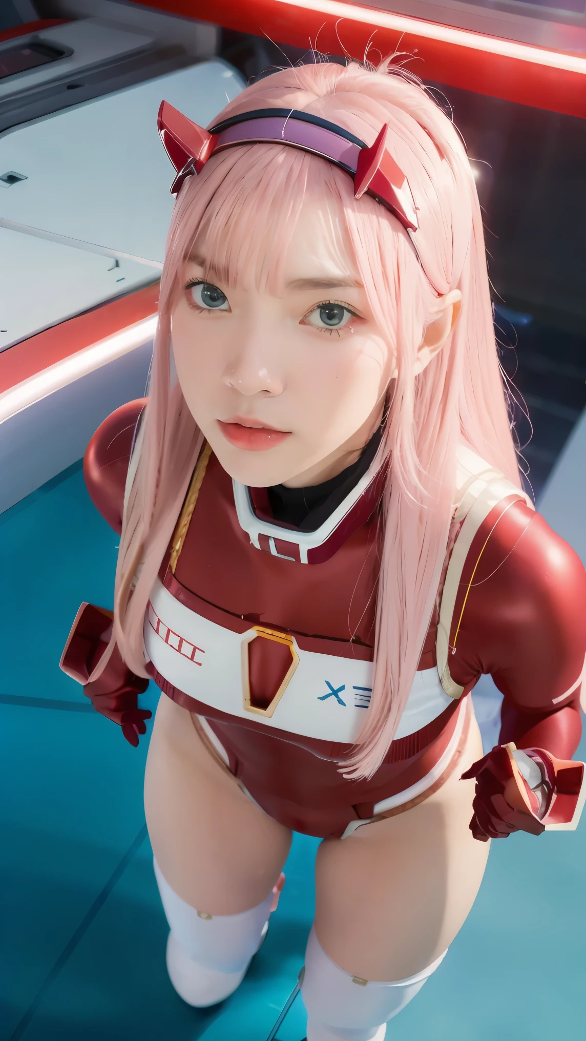 (Overhead view),dynamic angle,ultra-detailed, illustration, straight on, 1girl, ((Zero two, interface headband with a pair of horns, red bodysuit:1.4, pink hair)), Her eyes shone like dreamy stars,(glowing eyes:1.233),(beautiful and detailed eyes:1.1),(expressionless, closed mouth),(standing), (mechanic room with tools and spaceship window in a white SPACESHIP), (night:1.2), dreamy, [[delicate fingers and hands:0.55]::0.85],(detail fingers),