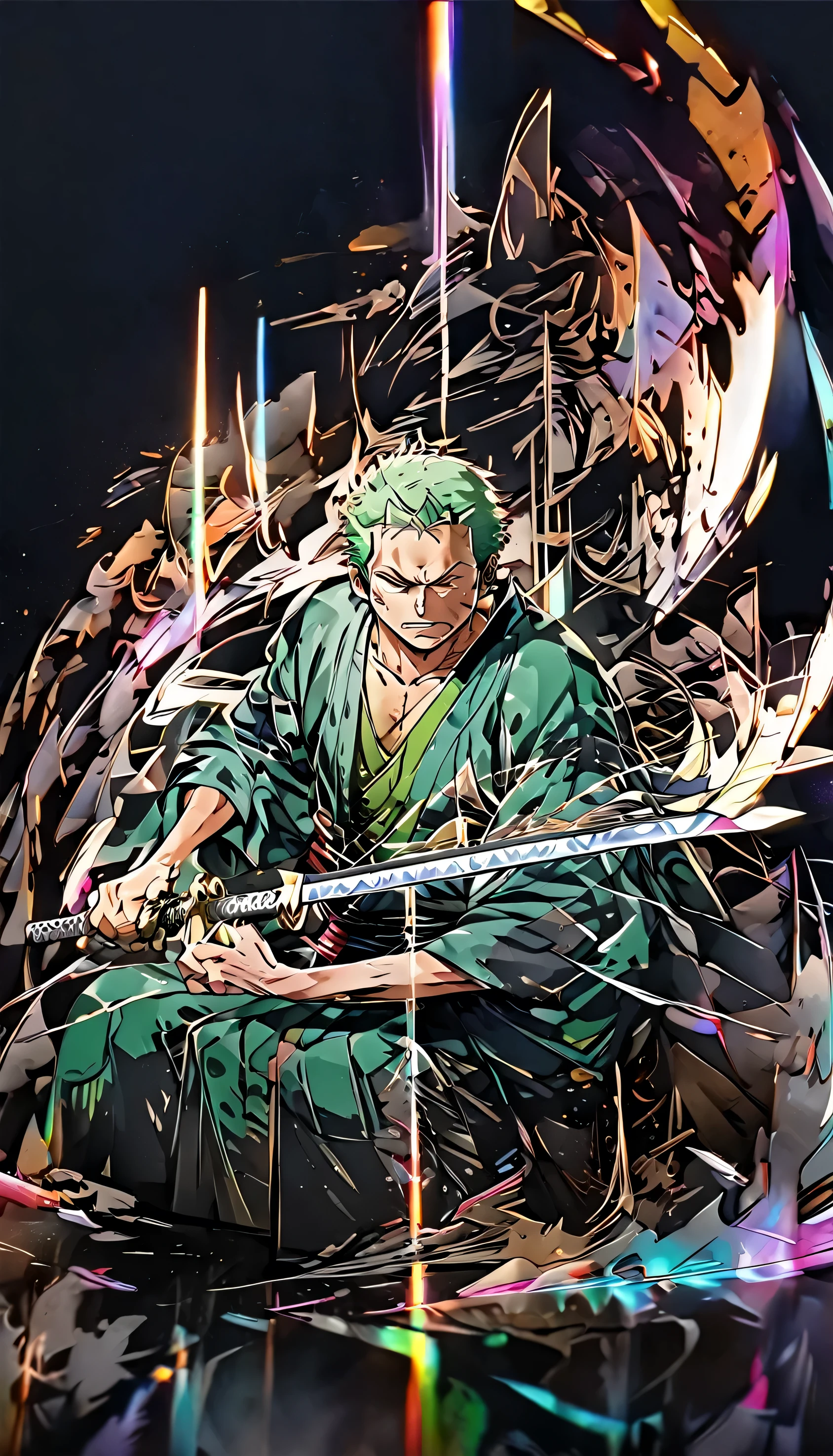 solo, male focus, 1boy, roronoa zoro, scar, muscular male, left eye closed, scar across left eye, japanese clothes, green kimono, full_body, anime style , anime version,with his three sword,serious face, fighting style pose,4k,3k,4k resolution,high_resolution,High quality,normal face , fighting pose ,face similar to anime , using asura mode