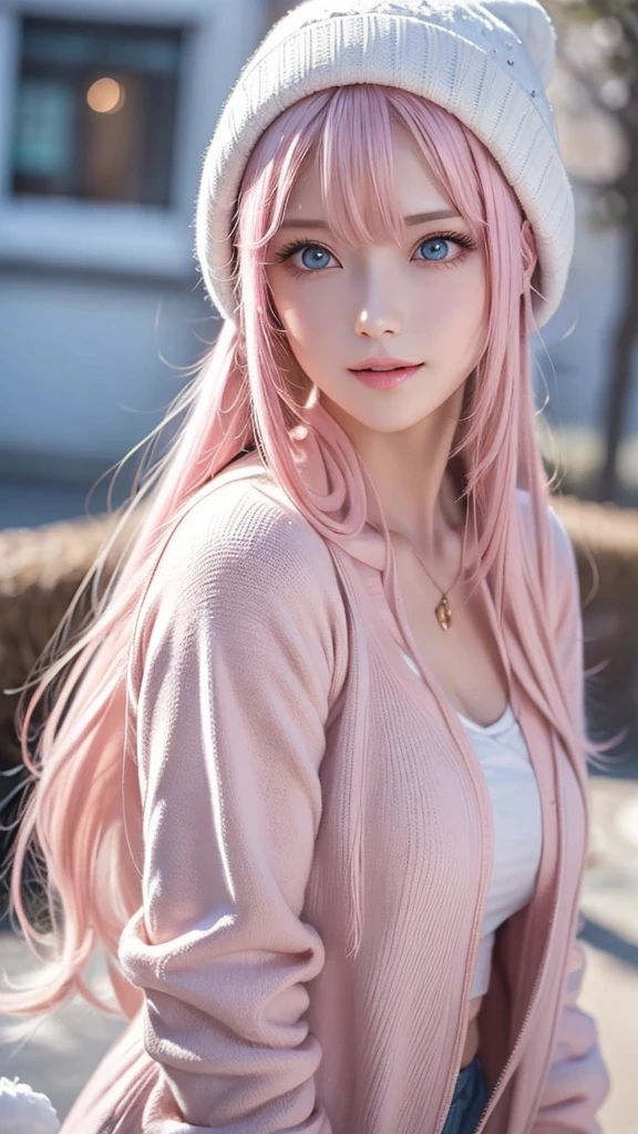 Light pink hair、masterpiece、Best Quality、High resolution、Highly detailed photos、Professional Lighting、(((Tops)))、Bangs between the eyes、Hair above the eyes、片Hair above the eyes、Mid-face hair、Strike a Pose、Portraiture、Bright expression、like々White, radiant skin、Great looks、Light pink hair、眩しいハイライトが入ったLight pink hair、Bright and shiny hair,、Long Straight Hair、Beautiful sparkling bangs、Sparkling、Clear、Attractive big blue eyes、so beautiful, Lovely and cute girl, Looking at the audience, Laughter, (A winter mountain look that combines a warm down jacket and knit hat), Majestic mountain ranges covered in pure white snow