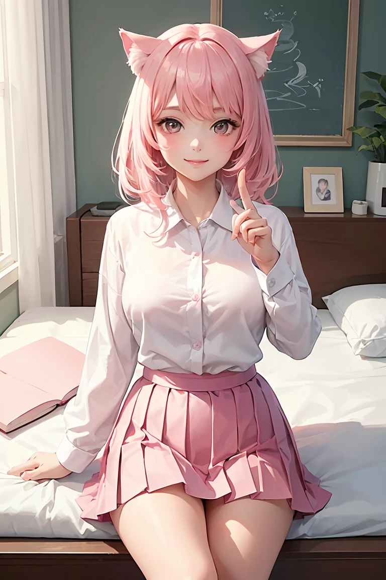 (score_9,score_8_up,score_7_up,score_6_up,score_5_up,score_4_up),masterpiece, top quality, best quality, official art, beautiful and aesthetic, animation, , 1girl with cat ear, perfect figure, pink hair, complicated details, bedroom, play, (white shirt, pink pleated skirt:1.5), female tilted her head and knelt beside her brother ,