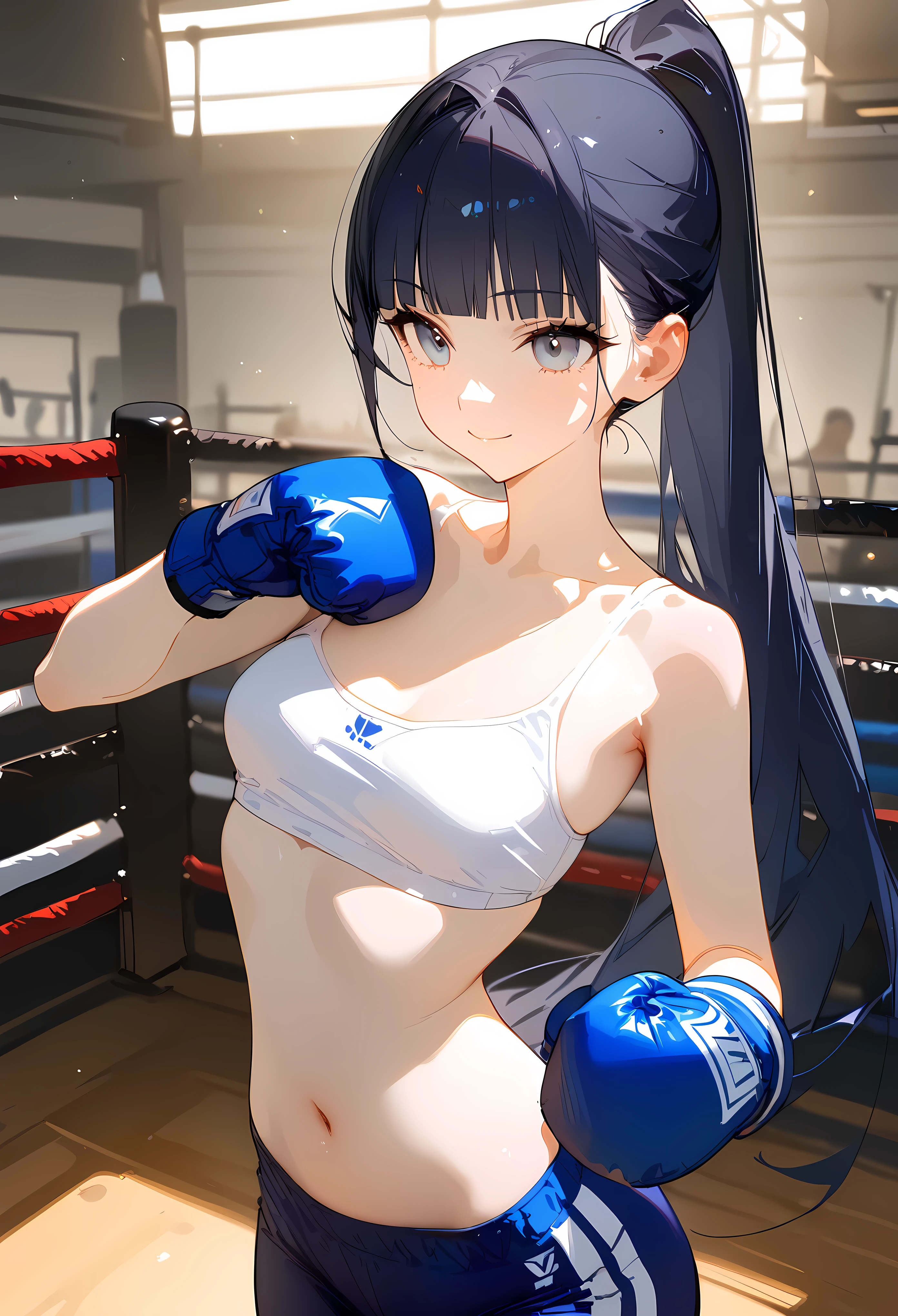 ((masterpiece,best quality anime:1.3,Best Quality)),cowboy shot,portrait,1woman,(young adult),(ponytail),long straight hair,blunt bangs,black hair,((very small head:1.3)),gray eyes,gorgeous eyes,smile,small breasts,((very long body:1.3)),(White sports bra、navel、Navy blue boxer trunks、boxing blue gloves),slender body,skinny,gleaming skin,standing,boxing gym、