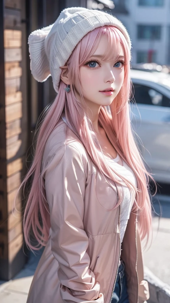 Light pink hair、masterpiece、Best Quality、High resolution、Highly detailed photos、Professional Lighting、(((Tops)))、Bangs between the eyes、Hair above the eyes、片Hair above the eyes、Mid-face hair、Strike a Pose、Portraiture、Bright expression、like々White, radiant skin、Great looks、Light pink hair、眩しいハイライトが入ったLight pink hair、Bright and shiny hair,、Long Straight Hair、Beautiful sparkling bangs、Sparkling、Clear、Attractive big blue eyes、so beautiful, Lovely and cute girl, Looking at the audience, Laughter, (A winter mountain look that combines a warm down jacket and knit hat), Majestic mountain ranges covered in pure white snow