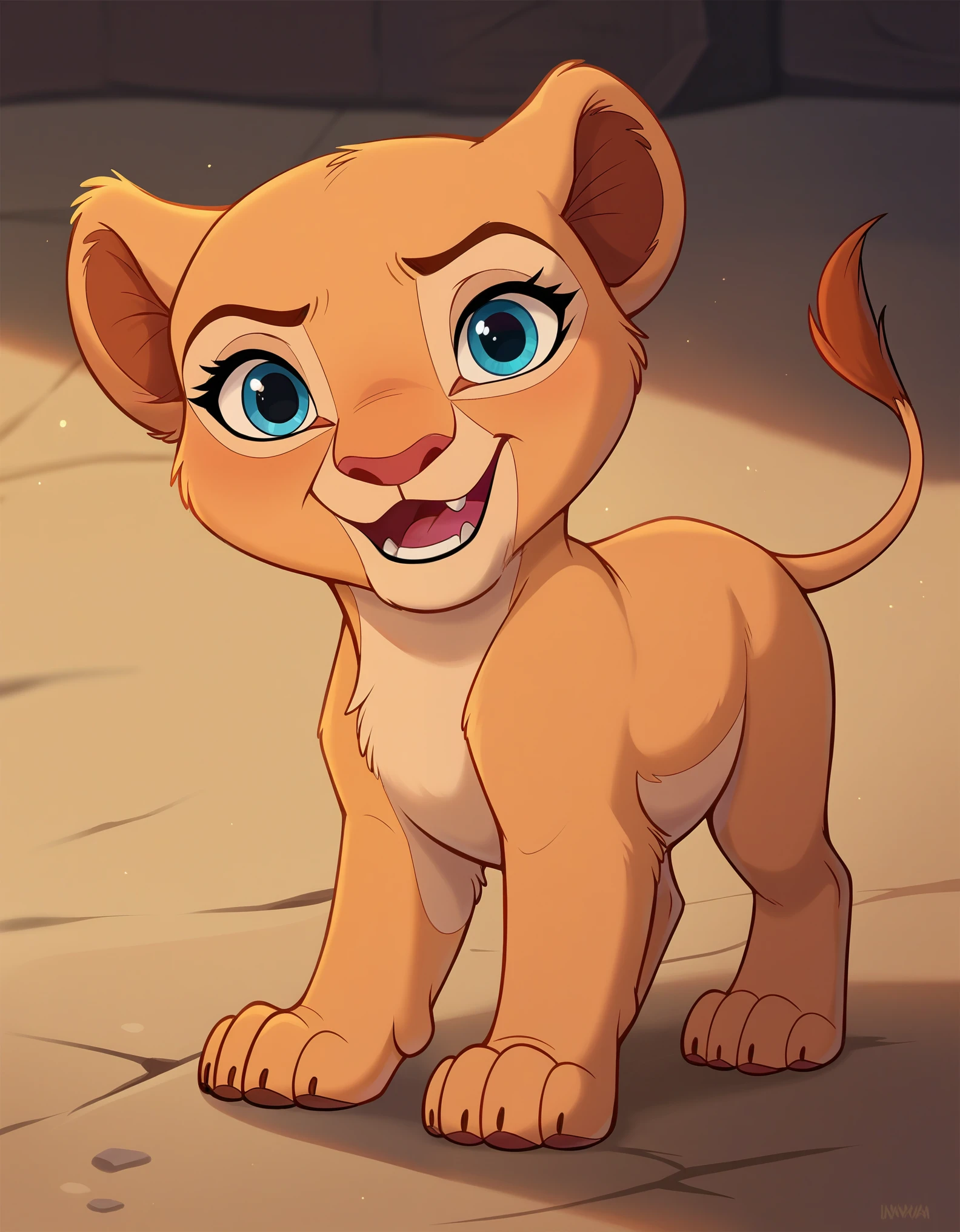 score_9, score_8_up, score_7_up, score_6_up, rating_safe,  yngnaa, solo, source_furry, disney, lioness, young female, (young nala), standing, solo, feral, (4 toes), weak paw, blue eyes, (lidded eyes:1.0), cub, (smile:0.3), open mouth, fang, white teeth, playful, looking at viewer, (dewclaw:0.5), 