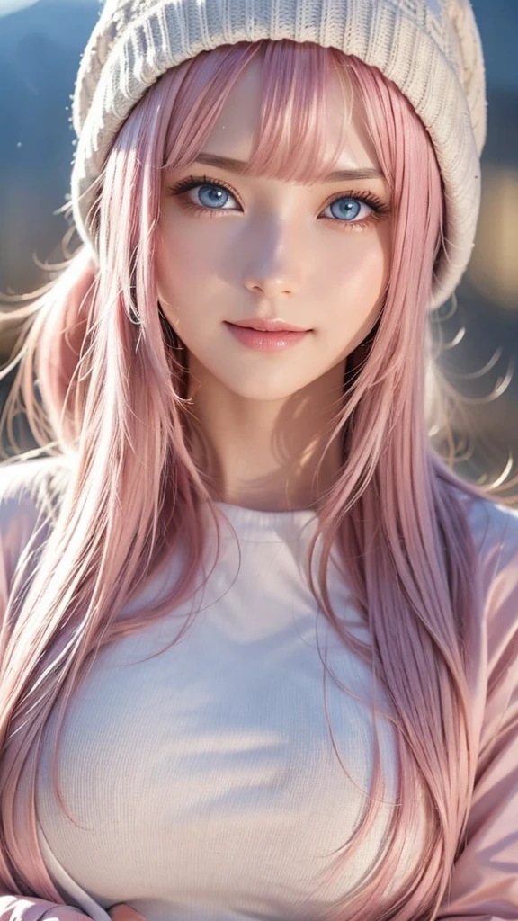 Light pink hair、masterpiece、Best Quality、High resolution、Highly detailed photos、Professional Lighting、(((Tops)))、Bangs between the eyes、Hair above the eyes、片Hair above the eyes、Mid-face hair、Strike a Pose、Portraiture、Bright expression、like々White, radiant skin、Great looks、Light pink hair、眩しいハイライトが入ったLight pink hair、Bright and shiny hair,、Long Straight Hair、Beautiful sparkling bangs、Sparkling、Clear、Attractive big blue eyes、so beautiful, Lovely and cute girl, Looking at the audience, Laughter, (A winter mountain look that combines a warm down jacket and knit hat), Majestic mountain ranges covered in pure white snow