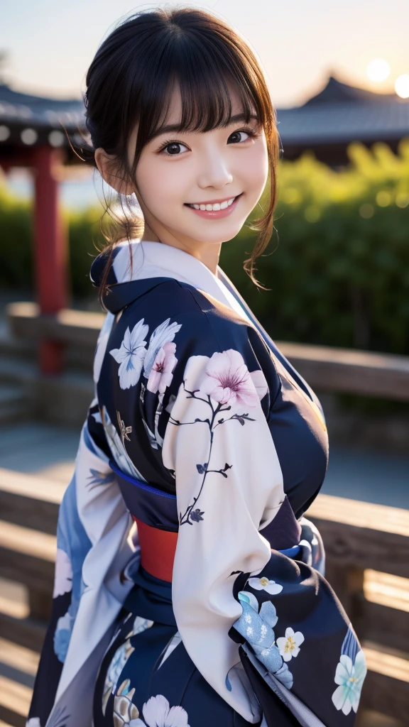 Photo Real、photoRealstic　Dark hair、Japan hair ornament、Kanzashi、Fancy hair ornaments、Flashy kanzashi、Lots of bangs、hair adornments、Tied hair　with round face、drooing eyes、cheeks turn red、Smiling happily　Brightly colored yukata robes、Japanese Yukata、Yukata with flashy pattern、Yukata with flashy illustrations、Yukata with prominent illustrations、Large belly roll　hi-school girl、sixteen years old、japanes、skinny  body、Beautiful skin、large full breasts　Bold poses、He enjoys、Frolic Pose、Frolicking、free pose、full bodyesbian　Background with、Summer Festivals、Midnight、skyrocket、Crowds、Crowded alleys、Alley where many people are walking、jpn