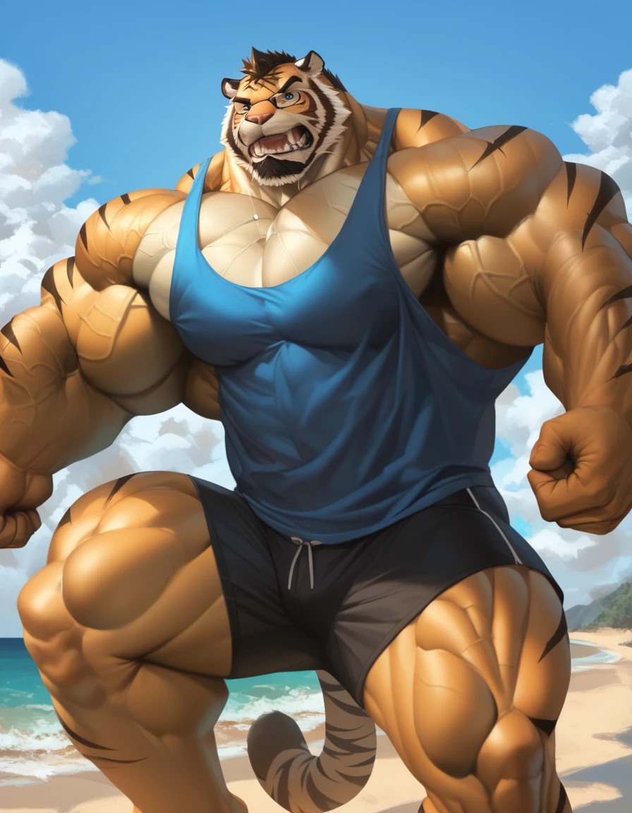 bara tiger, fur, very large pecs, mass, strong physique, glasses, very muscular, perfect anatomy, masterpiece, black beard, black eyes, strong jaw, giant biceps, shirtless, hairy pectorals, solo, great lighting, beach, shorts, tank top