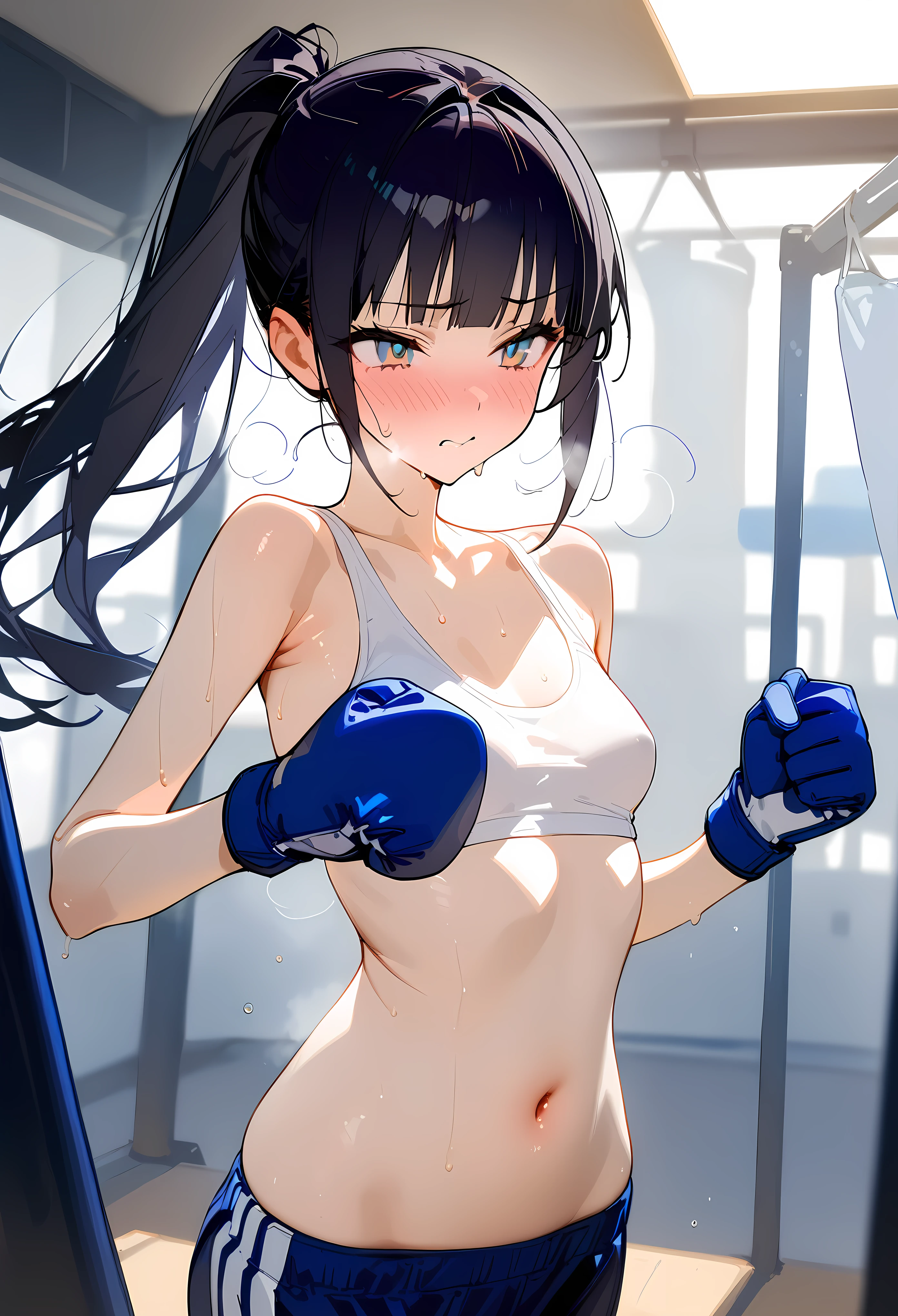 ((masterpiece,best quality anime:1.3,Best Quality)),cowboy shot,portrait,1woman,( adult),(ponytail),long straight hair,blunt bangs,black hair,((very small head:1.3)),gray eyes,gorgeous eyes,blush,Heavy breathing、small breasts,((very long body:1.3)),(White sports bra、navel、Navy blue boxer trunks、boxing blue gloves),slender body,skinny,(sweat,steaming body),gleaming skin,standing,boxing gym、nsfw,
