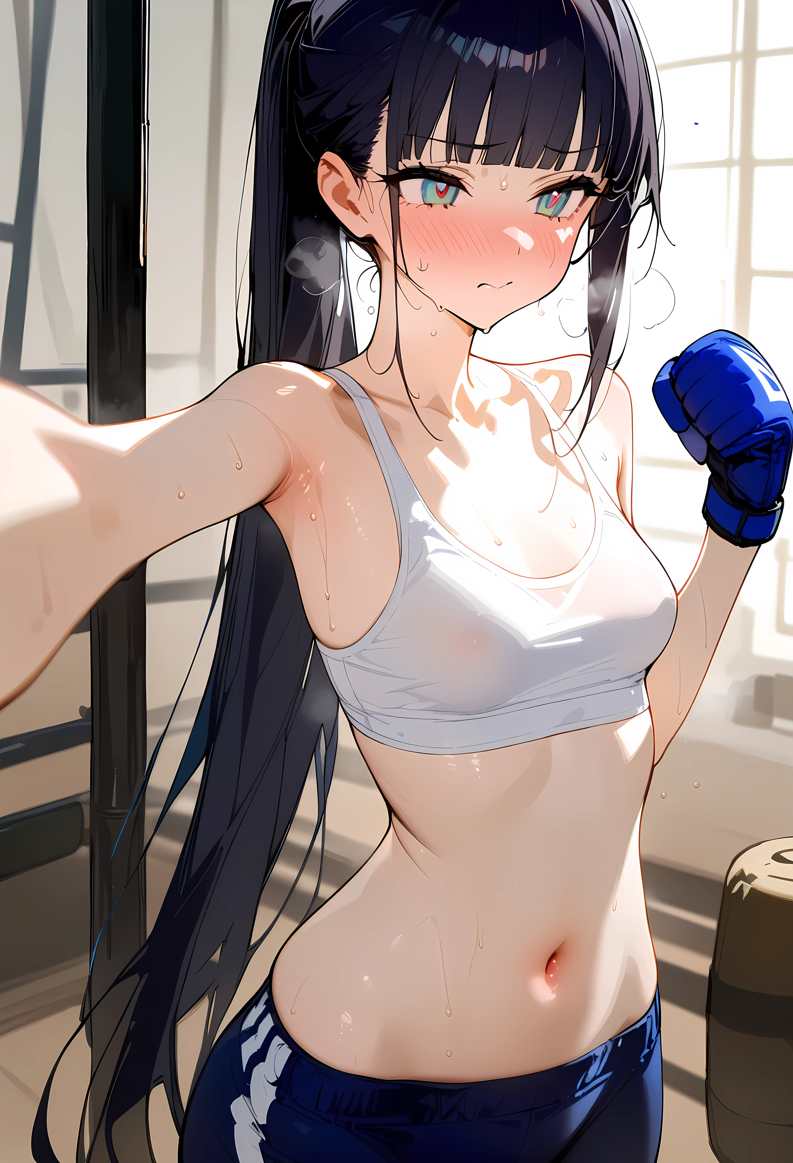 ((masterpiece,best quality anime:1.3,Best Quality)),cowboy shot,portrait,1woman,( adult),(ponytail),long straight hair,blunt bangs,black hair,((very small head:1.3)),gray eyes,gorgeous eyes,blush,Heavy breathing、small breasts,((very long body:1.3)),(White sports bra、navel、Navy blue boxer trunks、boxing blue gloves),slender body,skinny,(sweat,steaming body),gleaming skin,standing,boxing gym、nsfw,