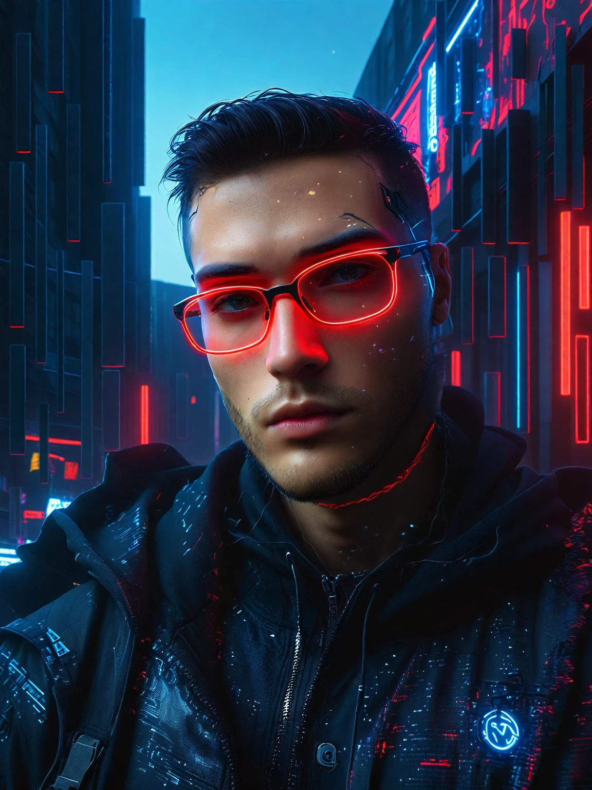 a young man in a black hoodie, detailed eyes, detailed nose and lips, neon glasses glowing red, standing in a cyberpunk city street, neon lights reflecting on his face, futuristic urban atmosphere, hyperrealistic, 8k, (best quality,4k,8k,highres,masterpiece:1.2),ultra-detailed,(realistic,photorealistic,photo-realistic:1.37),cinematic lighting, dramatic shadows, vivid colors, dramatic poses, intricate details, moody atmosphere