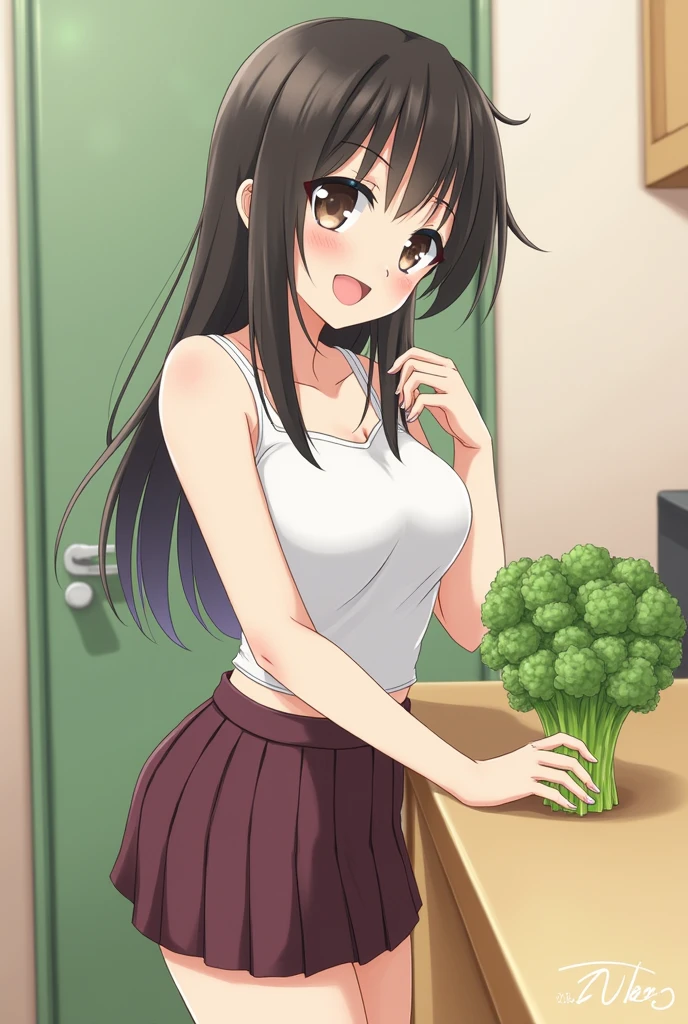 nsfw, (wearing nothing:1.5), large breasts, empty eyes  takina,, black hair, , long hair, PURPLE eyes,,, ,　,Chopping vegetables , 1girl, ,blue sky, office 