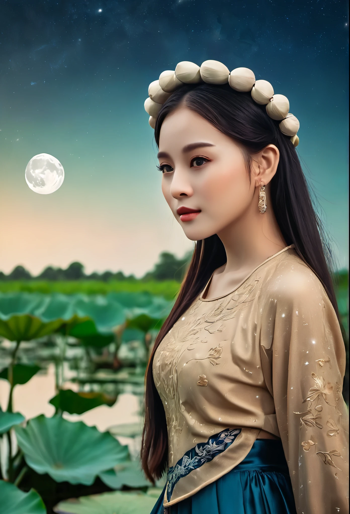 ((night sky: 1.2)), fashion fairytale shot, far far away high camera angle of beautiful Vietnamese girl inVietnamese girl wear aoyem, mung headband, gorgeous, sophisticated design, bold fashion, impressive figure, stand on the dugout canoe, next to lotus pond scene, village, realistic details, extremely detailed, 8K, super realistic, dynamic pose, cinematic night lighting, low vivid, cinematic color tone, super detailed skin, wind blown, falling petals, ((night moon light lighting: 1.5)), ((night sky: 2.0))
