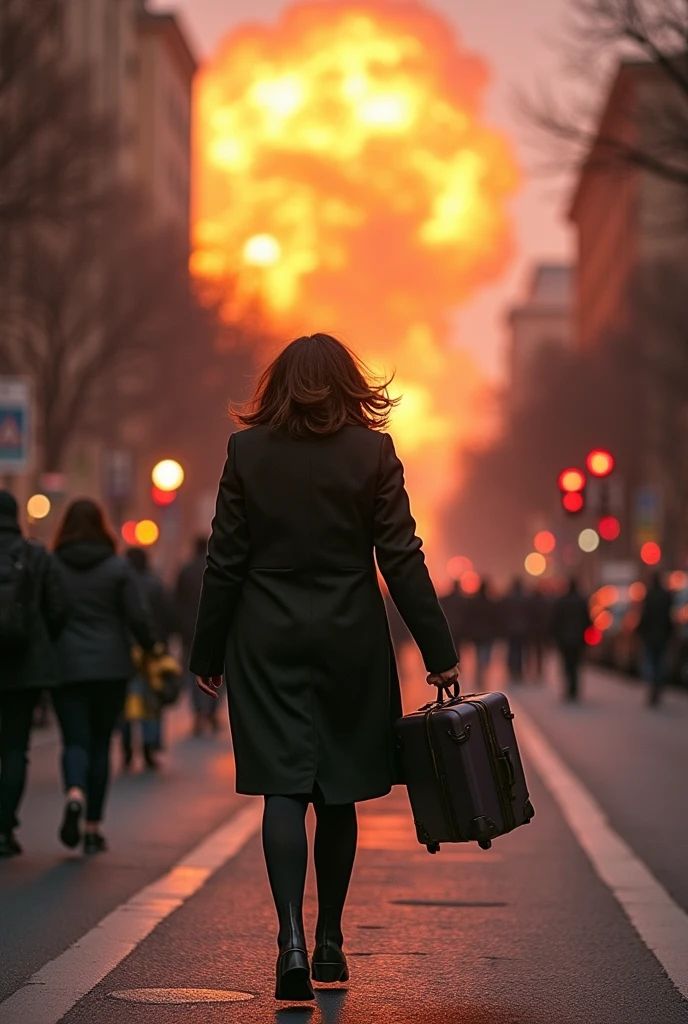 hAPPY beautiful, sexy, stylish, perfect  Korean fashion model,walking away from exploding burning car, chaos,