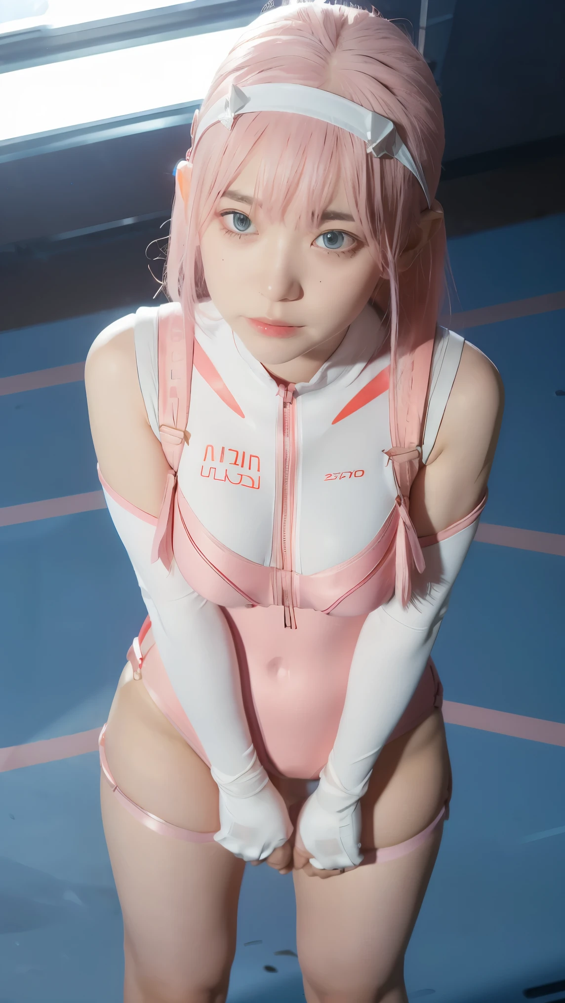 (Overhead view),dynamic angle,ultra-detailed, illustration, straight on, 1girl, ((Zero two, interface headband with a pair of horns, red bodysuit:1.4, pink hair)), Her eyes shone like dreamy stars,(glowing eyes:1.233),(beautiful and detailed eyes:1.1),(expressionless, closed mouth),(standing), (mechanic room with tools and spaceship window in a white SPACESHIP), (night:1.2), dreamy, [[delicate fingers and hands:0.55]::0.85],(detail fingers),