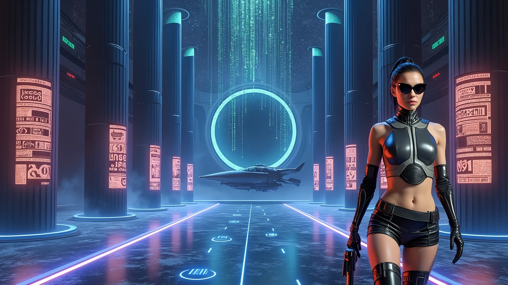 (((a large-breast bikini slim GIRL with black (micro) sunglasses))), (((((aiming at viewer with a pistol))))), a balcony of a futuristic building, aerial view of an ultra-futuristic megalopolis, metal buildings and houses in dark colors from dark blue to black, shades of metal gray, smoky metal structures, industrial environment with smoke and fog around, dark cars on the streets, desert megalopolis, modern metal rails and trains passing through, tall futuristic metal buildings, ultra modern buildings, (((((futuristic aircraft carrier))))), realistic, detailed, sci-fi.