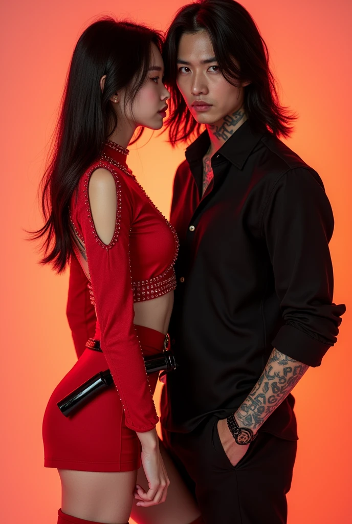 A pink haired Asian, with many tattoos on the arms, next to another black-haired boy with sunglasses and a single tattooed arm
