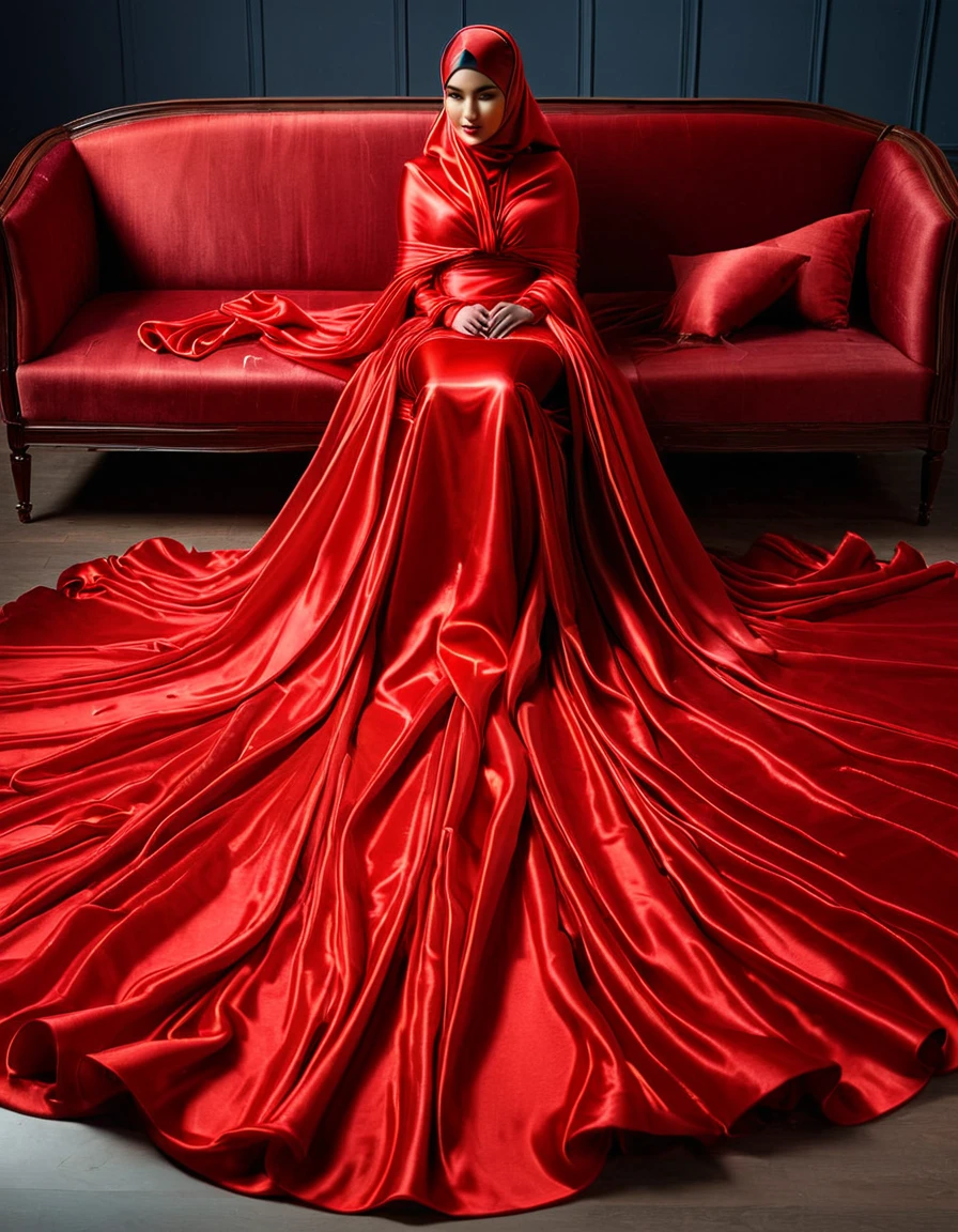 A woman shrouded in a 10-meter-long, plush red semi transparent satin shimmer cloth, tightly bound and grandly draping along the form of her body, poof style on the bottom outfit, flowing off into a pooled floor-length train, styled in a mermaid-inspired outfit, her head modestly veiled in a satin hijab, tall woman, sitting in talk show seat, a full-body pose conveying a sense of mysterious elegance, captured in a 4k resolution, ultra-realistic