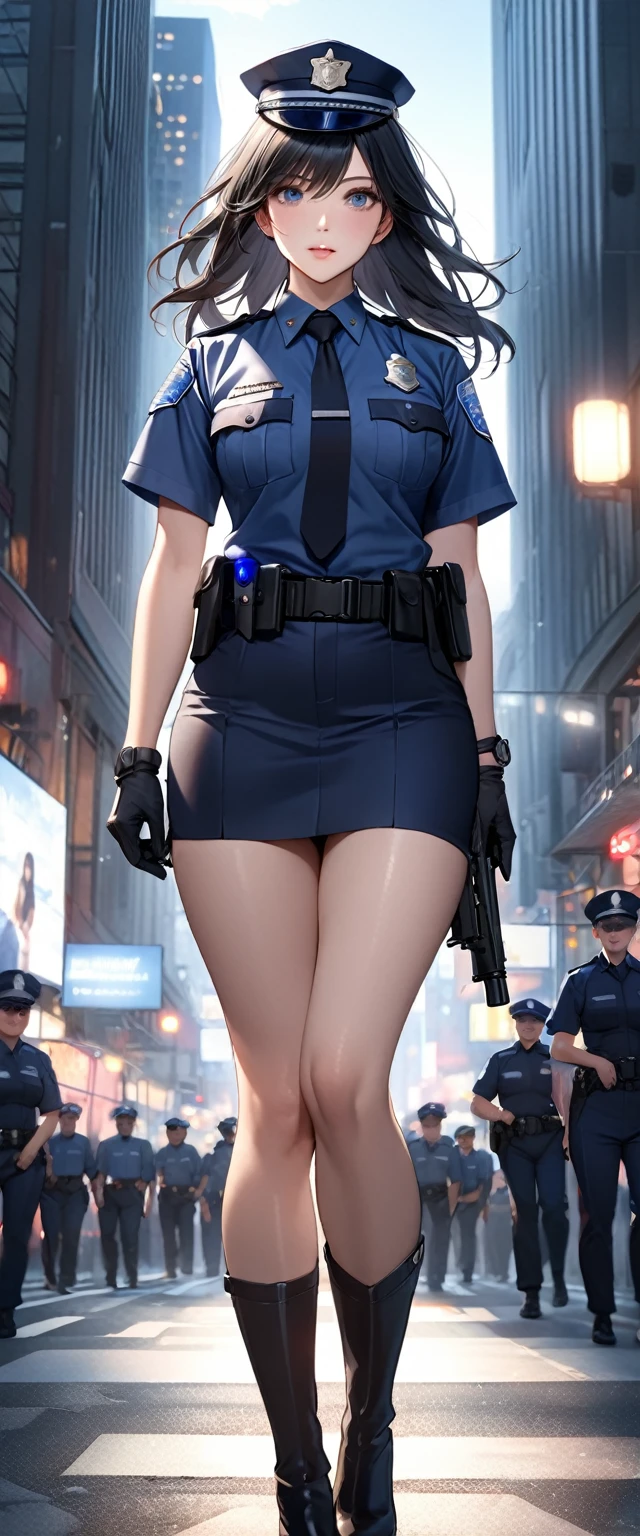 Highest quality、masterpiece、8k、Realistic、超High resolution、Very delicate and beautiful、High resolution、Cinema Lighting、medium range shooting、Perfect female body、Beautiful woman、Mature Woman、Beautiful Eyes、Cityscape、(Long Hair:1.8、Black Hair)、((Female police officer:1.4、Navy blue Female police officer、Female police officer&#39;s cap、Uniform Buttons、Navy blue tie、Jacket、White gloves))、Pencil Skirt、Stiletto heel pumps、badge、Epaulettes、thin、Flat Chest、((Butt、Flip up the skirt))、((Showing panties))、blush、Embarrassing、Sweat、Let、