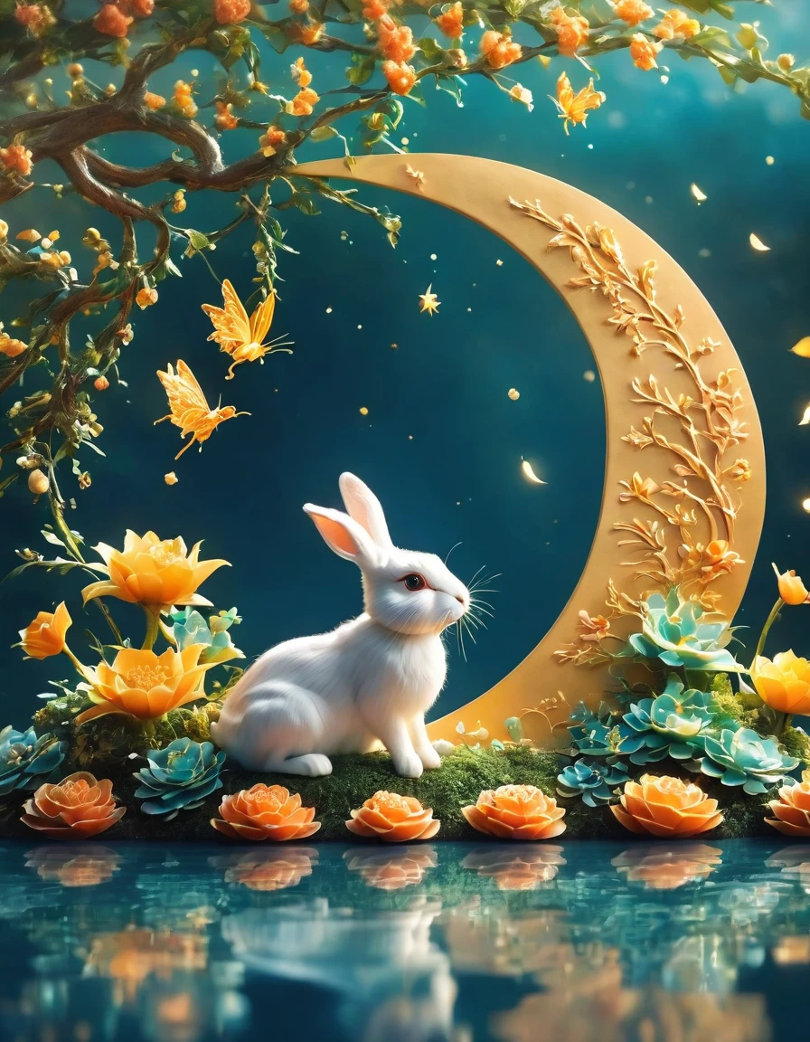 A serene 3D scene of a rabbit sitting on the crescent-shaped full moon, surrounded by lush tree leaves and a scattering of mooncakes. The outdoor setting is bathed in soft, gentle light, with the night sky reflected perfectly in the calm water below. C4D rendering.
