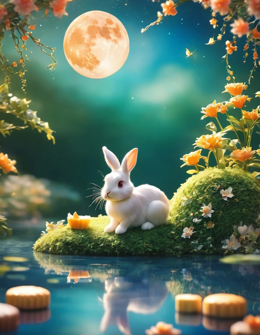 A serene 3D scene of a rabbit sitting on the crescent-shaped full moon, surrounded by lush tree leaves and a scattering of mooncakes. The outdoor setting is bathed in soft, gentle light, with the night sky reflected perfectly in the calm water below. C4D rendering.
