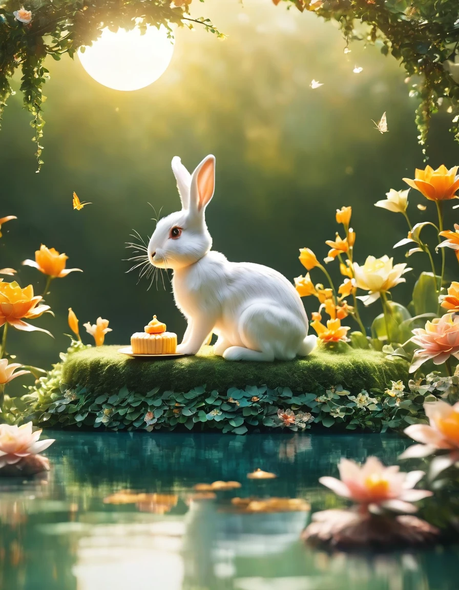 A serene 3D scene of a rabbit sitting on the crescent-shaped full moon, surrounded by lush tree leaves and a scattering of mooncakes. The outdoor setting is bathed in soft, gentle light, with the night sky reflected perfectly in the calm water below. C4D rendering.
