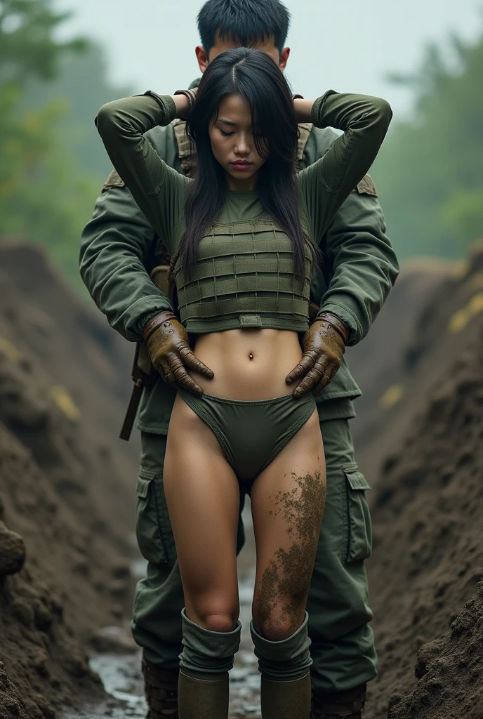 skinny indonesian female soldier, naked, in the desert, carrying a bazooka, fighting, army helmet, running, crowd, vagina visible, showing vagina, showing genital, showing pussy, sweat, best quality,4k, 8k, highres, masterpiece, ultra-detailed, realistic