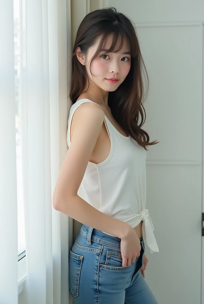 18-year-old, adorable, British girl, 18-year-old, portrait ,Tank top((mini skirt))、Thighs Thighs Nose:1.1), hair scrunchie, Beautiful ponytail , (high color saturation,catch light:1.0), (highly detailed skin), (highest quality:1.0), (ultra high resolution:1.0) ,(realistic:1.0), (Super detailed:1.0), (8K, RAW photo:1.1),( smile:0.8),looking at the viewer