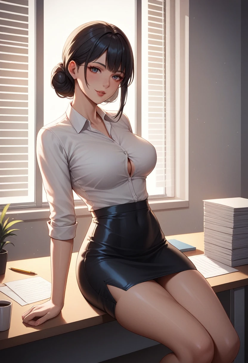 masterpiece, best quality, ultra-detailed, higres, 1girl, solo, beautiful face, looking at viewer, perfect shadows, skindentation, deep skin, taut clothes, medium breast, sharp focus, volumetric cinematic lighting, pencil skirt,black hair,table,Office, evening 