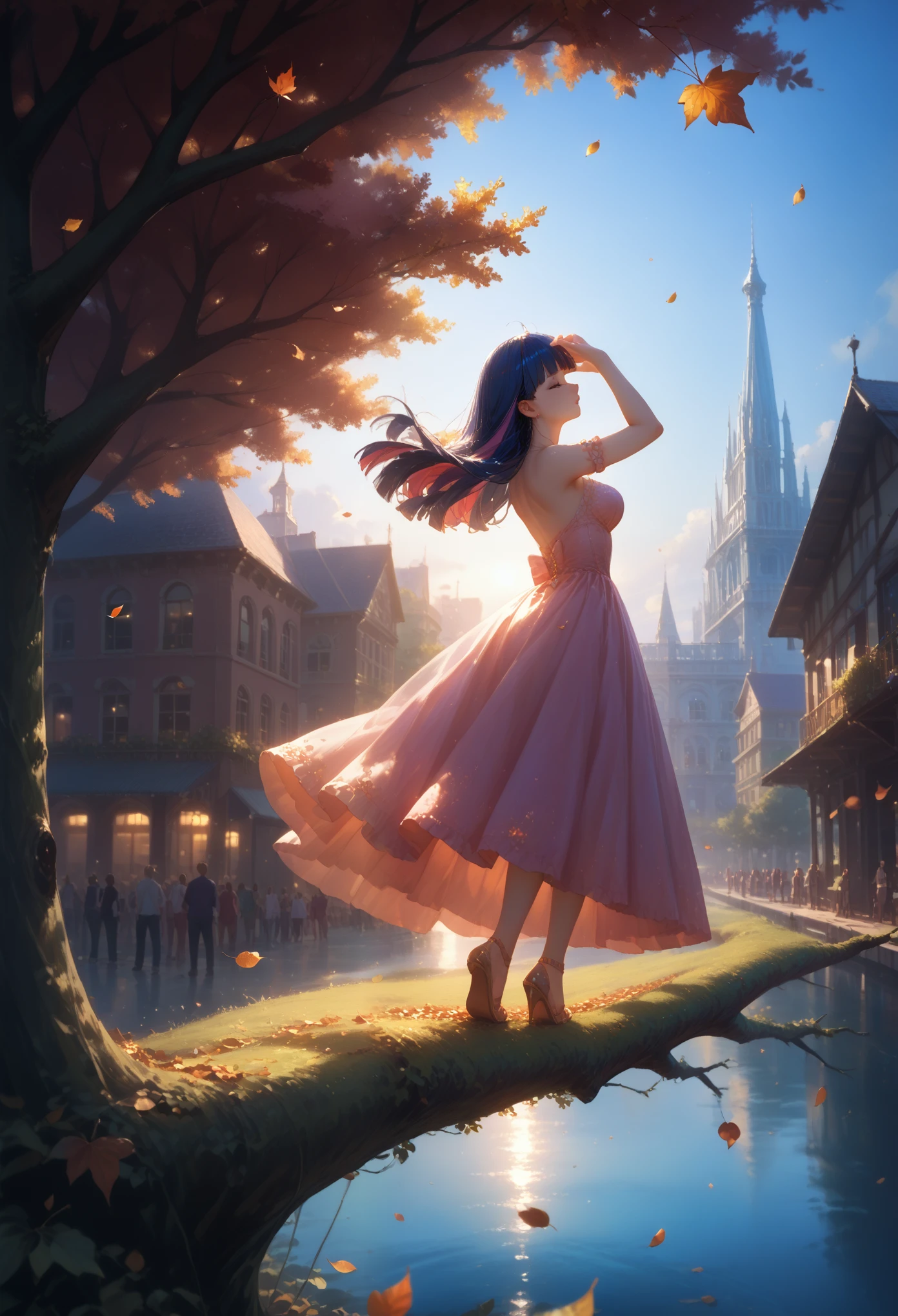 Sexy Girl in Fashionable Youth Outfit, stands in the City Center Posing Throwing an Air Kiss to the Viewer, Illuminated by a beautiful summer day, Raindrops Sparkle on Tree Leaves, Leaves fall to the ground, masterpiece, soft shadows, Maximum Quality, core_9, score_8_up, score_7_up