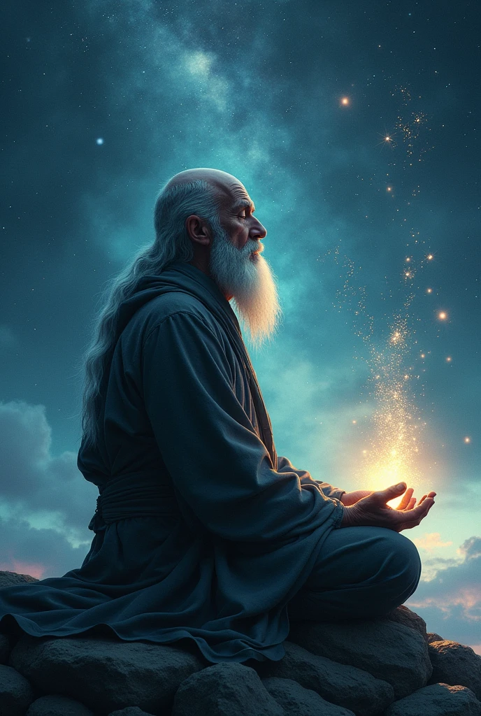 30-year-old Asian middle-agedbonze elder sitting in blue galaxy close-up,long white hair,A meditative,There is a white beard,Meditation cross-legged,Daoism, Wear a white robe and a white belt,at centre,Face the lens,Space starry sky background,milky ways,Taoist master,Taoist,universe background,Very bright colors, Light particles, with light glowing, Mshiv, wallpaper art, UHD wallpaper, image size 1376 x 768