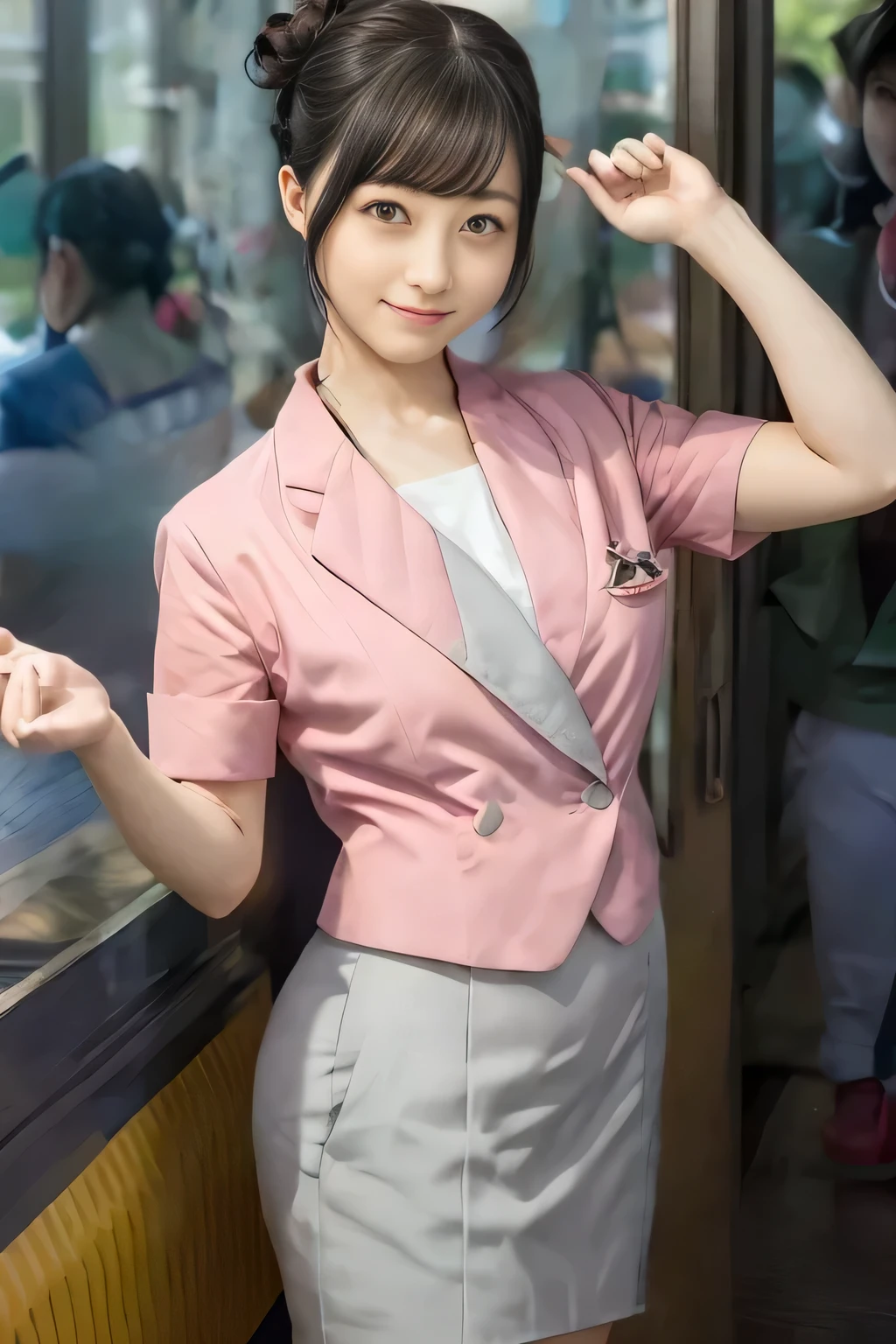 Showing your belly button、(masterpiece:1.2, Highest quality:1.2), 32k HDR, High resolution, (alone、1 Girl)、 (height: 160cm)、（Building rooftop in the daytime、Professional Lighting）、Building rooftop background、（Nankai train crew uniform pinkを着たリアルスタイル）、（Nankai Electric Railway crew uniform, pink, Short sleeve, Collarless, pink jacket、Nankai Electric Railway crew uniform pink no-collar short-sleeve blouse、Nankai Electric Railway crew uniform, pink grey, Knee-length culottes）、（A pink jacket peeks out from under the culottes.）、Dark brown hair、（Hair tied up、Hair tied up、Evening curly hairstyles）、Dark brown hair、Long Shot、Big Breasts、Thin legs、（（Great hands：2.0）），（（Harmonious body proportions：1.5）），（（Normal limbs：2.0）），（（Normal finger：2.0）），（（Delicate eyes：2.0）），（（Normal eyes：2.0））)、smile、（Nankai Electric Railway crew uniform, pink grey, Knee-length culottesを見せた美しい歩く姿）、Place your hands around your stomach