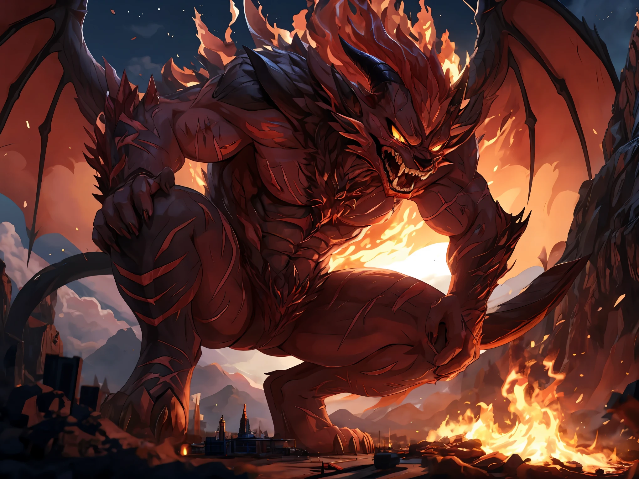 solo, kemono, (dragon), anthro,grinning lasciviously, big fat red tongue, big abs, male, ((black and red body)), scales, (fat tail), (big muscles), (muscular:1.6), abdomen,(abdominal muscle), handsome, ((big abdominal muscles)), (sharp teeth), (opening mouth), fantasy, standing, (toe claws), epic, depth of field, perfect lighting, (light particles),(best quality),(masterpiece),(ultra detailed),sharp focus , scales on body, smooth body, (flowing magma from body)