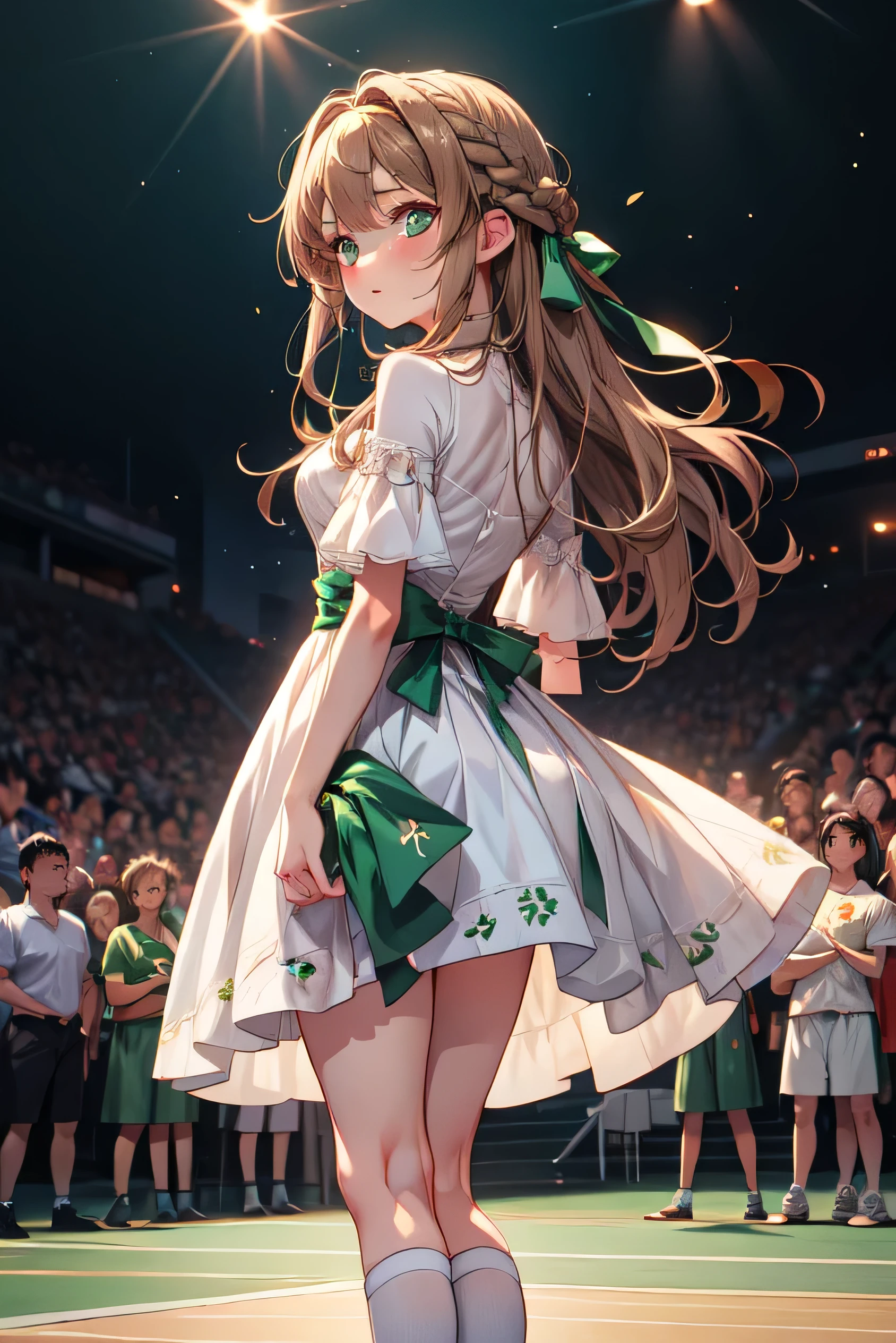 anime style, A stunningly beautiful cute girl with light brown hair and Emerald-Green-colored eyes， long hair， wearing a full white dress， standing in front of her boyfriend，in the sports court full of audience，at night