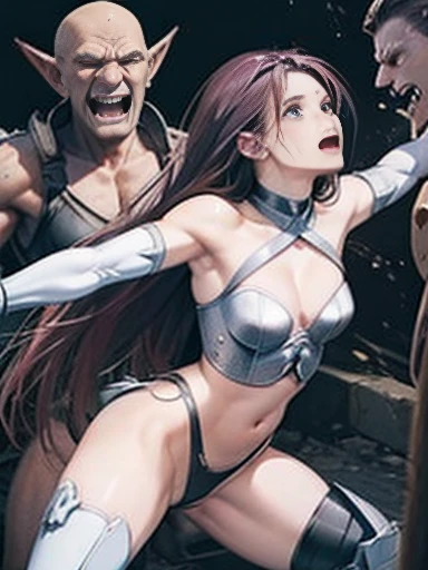 Best Quality、torture、slave、Constraints、BDSM、Captured by mutants、Surrounded by mutants、defeat、Beautiful woman with very long purple hair、Shining White Armor（Small chest、Cleavage、Off the shoulder、Sleeveless、No elbow pads、belly button、High Leg、Exposed thighs）、White Armor Boots、Tears overflow、Frightened expression、run away、Attacked by mutants 1:5、Many violent mutants 1:5、The mutant grabs him by the arm..　Mutant attacks from behind、Mutant grabs leg、Mutant Swarm 1:5、darkness、Different world、Dark fantasy、Pitch Black Hell