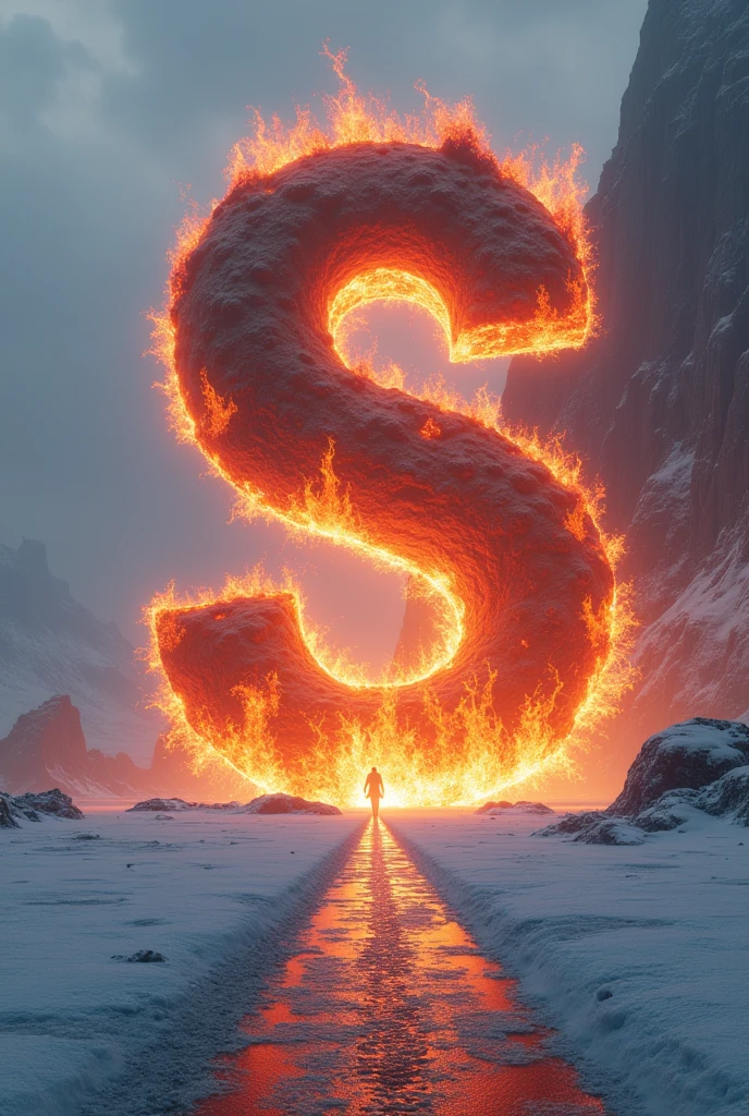 The letter SAMPAIO would be literally BIG made of WALL Fire, in A picture of a long ice road
