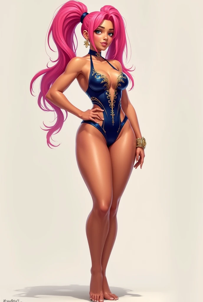 masterpiece, Best quality, beautiful detailed eyes, street outfit, (1 girl), beautiful hair, Body-hugging, shiny clothes with gold details, blush, pomade, Eyeliner, parted lips, Colorful, beautiful lips, ray tracing, perfect lighting, extremely detailed 8k wallpaper, (detailed background), Perfect eyes, (sexy pose), Bedroom , stands at the threshold of the door , A room in pink tones ((dark skin)), (Girl with pink and blue hair), curvy body, big ass, big tits