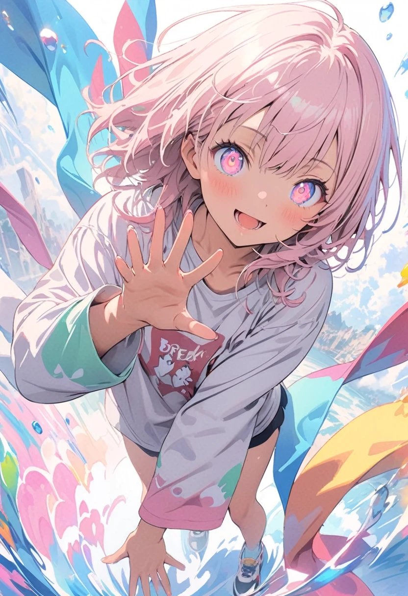 (masterpiece, Highest quality, Official Art:1.2), (colorful), Perfect Anatomy, Looking at the audience, One Girl, alone, White Background, floating colorful water, Ultra-fine illustrations, highly detailed, Dynamic Angle, beautiful detailed, 8K, break smiling amidst the colorful scenes, (Highest quality, masterpiece, High resolution, detailed), Anime Style, (Shining Eyes, detailed美しい顔), break,Dynamic Angle, Whole body shot, pastel colour, Vector illustrationld