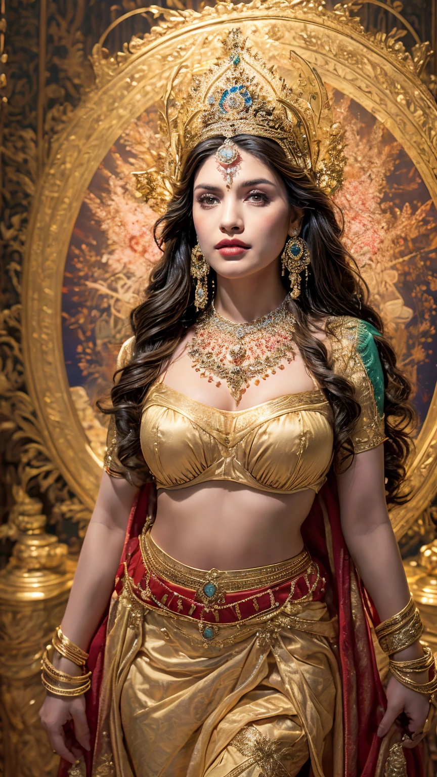 ((Best quality, 8k, Masterpiece :1.3)), Sharp focus :1.2, Generate a realistic image of a beautiful sexy Indian woman plus size body: 8.5 (masterpiece like a princess) (body like divine girl) dressed divine clothes white skirt and print bra, adorned with traditional ornaments, standing in a well-lit room with cinematic lighting. ((Front view, random elegant pose)), and there is a sense of grace and elegance in her posture. The background should complement the scene, enhancing the overall aesthetic appeal of the image. Photography by Brandon Woelfel, Full shot: Canon EF 16-35mm f/2.8L III USM lens on a Canon EOS 9D Mark IV camera 128bit, ultra realistic, 32k, HD