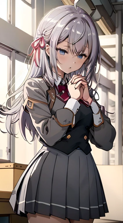 One Girl、uniform、Clasping hands、Looking down、Silver Hair、Long Hair、ω、Ahoge、Best Quality、Highly detailed illustration、Particles of light、Dynamic Perspective、White shirt、Pleated skirt、Beautiful Skin