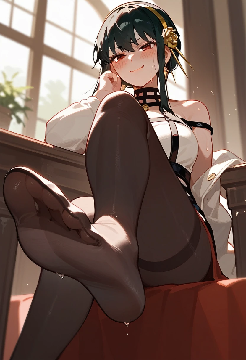 (score_9, score_8_up:1.1), score_7_up,1girl, solo, adult, (mature:0.6), (Yor Briar),sweat, blush, smug,sitting, crossed legs, pantyhose, one foot up, focus on foot,white clothes,