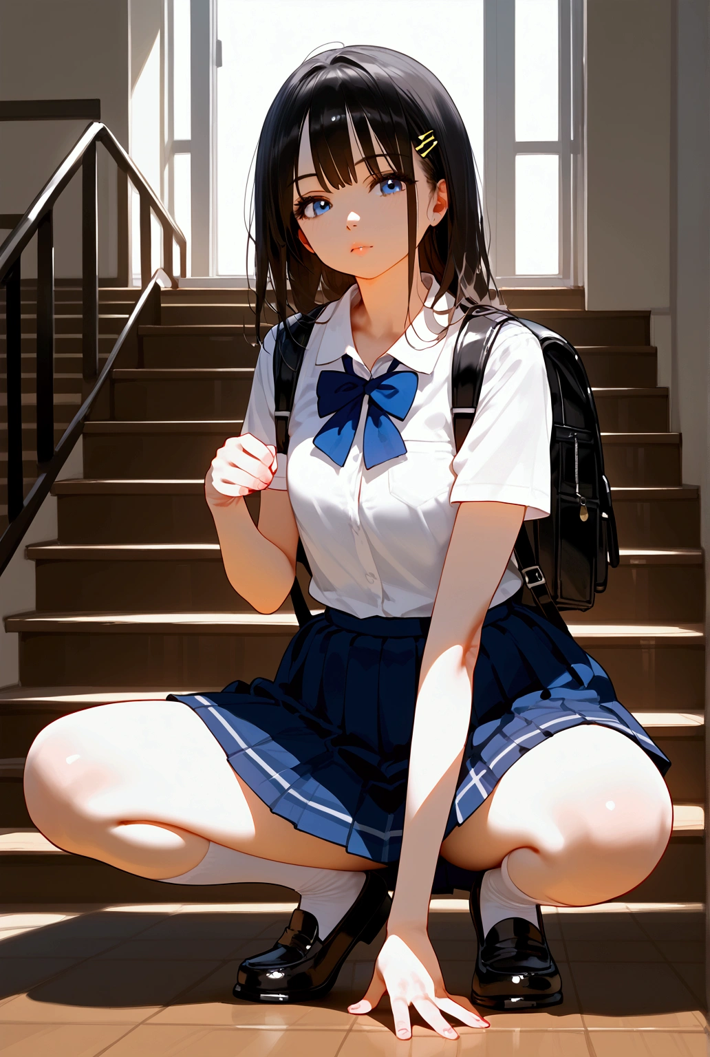 anime girl sitting on the floor with a purse and a backpack, realistic schoolgirl, beautiful anime high school girl, a hyperrealistic schoolgirl, beautiful alluring anime teen, hyperrealistic schoolgirl, seductive anime girl, beautiful anime girl squatting, school girl, cute schoolgirl, ecchi anime style, the anime girl is crouching, attractive anime girl, long straight hair, white school blouse, blue bow, blue skirt, seated pose, indoor, stairs in background, casual atmosphere, natural lighting, front view, well-balanced exposure.