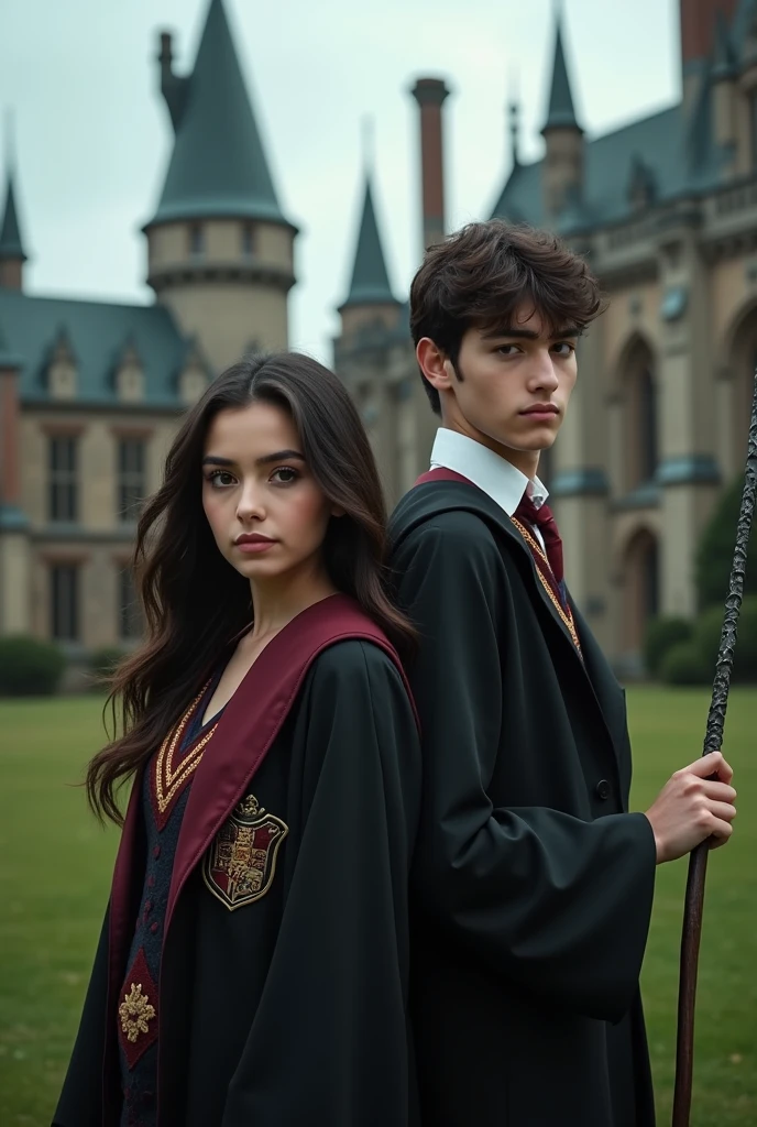 Selena Gomez in Gryffindor uniform and Draco Malfoy in Slytherin uniform, with the two hugging in front of the mirror