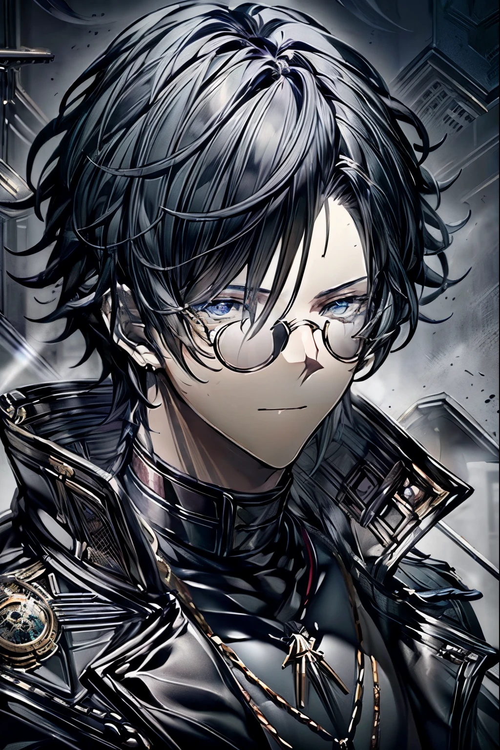 (masterpiece, best quality, perfect face, expressive eyes), 1boy, (male), black hair, blue eyes, blue tainted glasses, black trench coat, intricate details, detailed, adult, fantasy, cinematic lighting, dramatic shadows, vibrant colors, digital painting, concept art