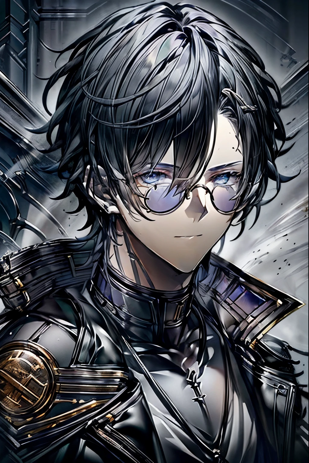 (masterpiece, best quality, perfect face, expressive eyes), 1boy, (male), black hair, blue eyes, blue tainted glasses, black trench coat, intricate details, detailed, adult, fantasy, cinematic lighting, dramatic shadows, vibrant colors, digital painting, concept art