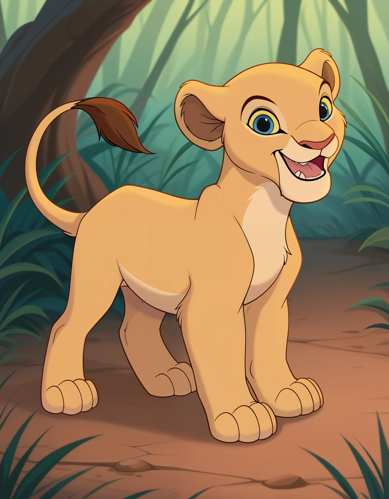 score_9, score_8_up, score_7_up, score_6_up, rating_safe, source_furry,  yngnaa, solo,  disney, (the lion king:1.2), lioness, (young nala), nala, feral, cartoon, smile, parted lips, blue eyes, yellow sclera, standing, solo, cute, feral, (4 toes), paws, (blue eyes:1.2), (lidded eyes:1.0), cub, (smile:0.3), open mouth, fang, white teeth, playful, looking at viewer, (dewclaw:0.5),, bedroom eyes, raised tail, solo