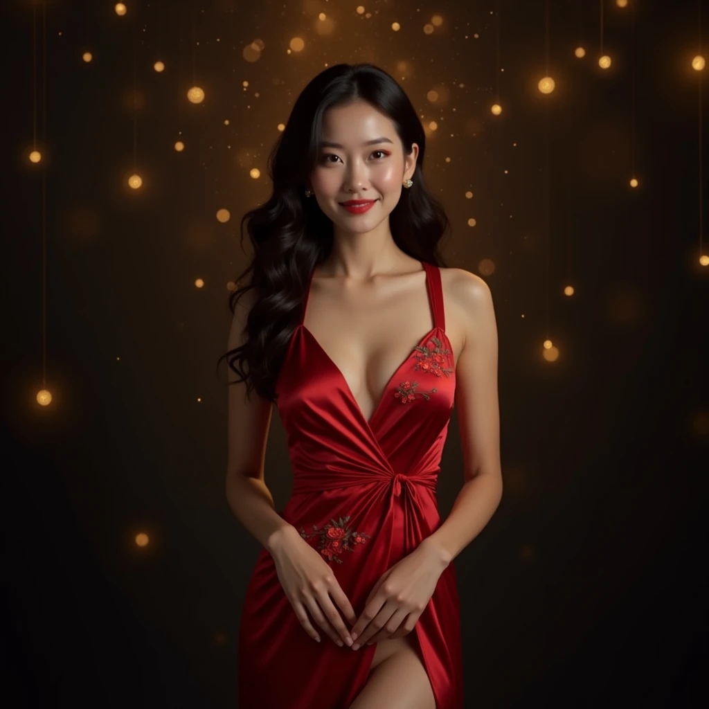 ((full-body, cinematic-shot)),(best quality,4k,8k,highres,masterpiece:1.2),ultra-detailed,(realistic,photorealistic,photo-realistic:1.37),(((1girl))),(18years old),[the face is combination of (((irene1:1.2))) and (((Excella_er5:1.2)))],(sharp focus:1.5),pearl skin,(skin pores:1.1),extremely detailed face and skin texture,(skin texture:1.1),black hair,tall and slender body,(192cm tall),thin and delicate figure,graceful posture,strong and defined muscles,flawless skin,defined abs,perfect curves,feminine appearance,beautiful long legs,embodying elegance and beauty,happy expression,full-smile,cleavage breasts,((wearing a red color dress:1.3)),(no panty),(ultra-short dress),vibrant colors,extremely detailed and realistic (red) clothes,(colorful),(film grain:1.3),official art,(beautiful and aesthetic:1.2),extremely detailed,(fractal art:1.1),(colorful leaf:1.4),highest detailed,(zentangle:1.2),(abstract background:1.3),(shiny skin),(many colors:1.4),