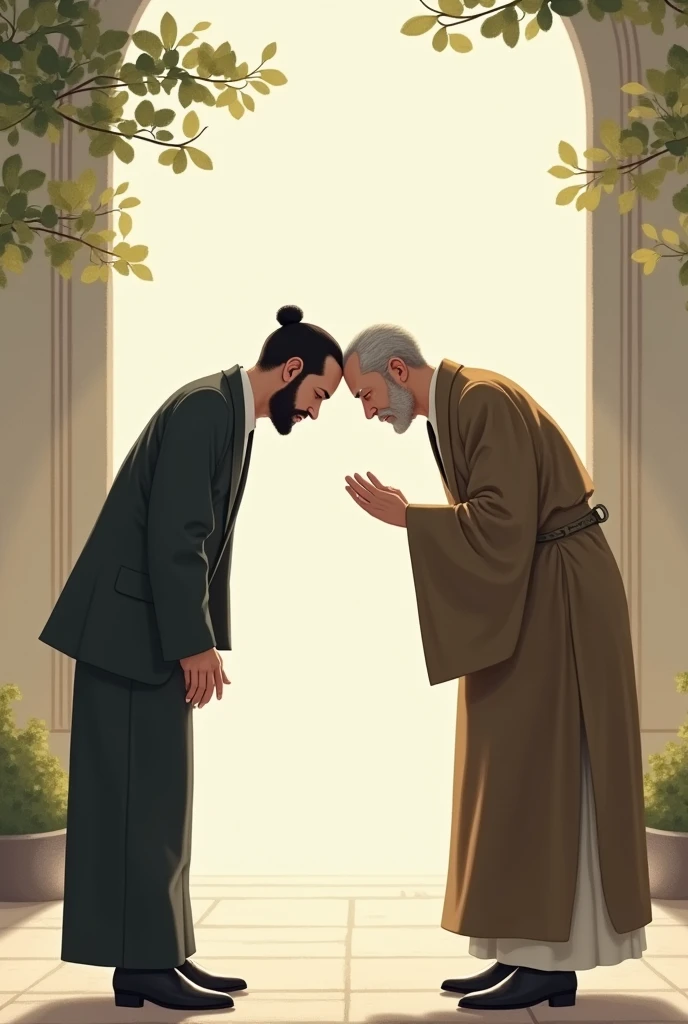 outline picture close up of two pilgrims performing the ritual of shaving their hair. One of them holding a shaver and looking in front and shaving on other head. Background safwa hill and pillgrims. Outline image