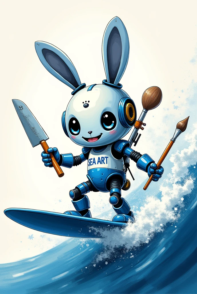 Ink Wash Painting style，A cute blue and white rabbit robot holding painting tools as weapons，Intricate details，Smiley Face，Surfboard，Surfing，Waves，Dynamic，There are words on the bodySeaArt