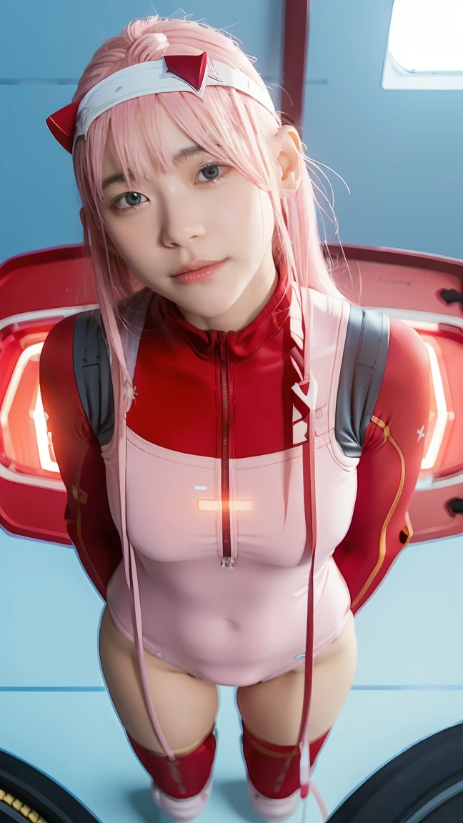 (Overhead view),dynamic angle,ultra-detailed, illustration, straight on, 1girl, ((Zero two, interface headband with a pair of horns, red bodysuit:1.4, pink hair)), Her eyes shone like dreamy stars,(glowing eyes:1.233),(beautiful and detailed eyes:1.1),(expressionless, closed mouth),(standing), (mechanic room with tools and spaceship window in a white SPACESHIP), (night:1.2), dreamy, [[delicate fingers and hands:0.55]::0.85],(detail fingers),