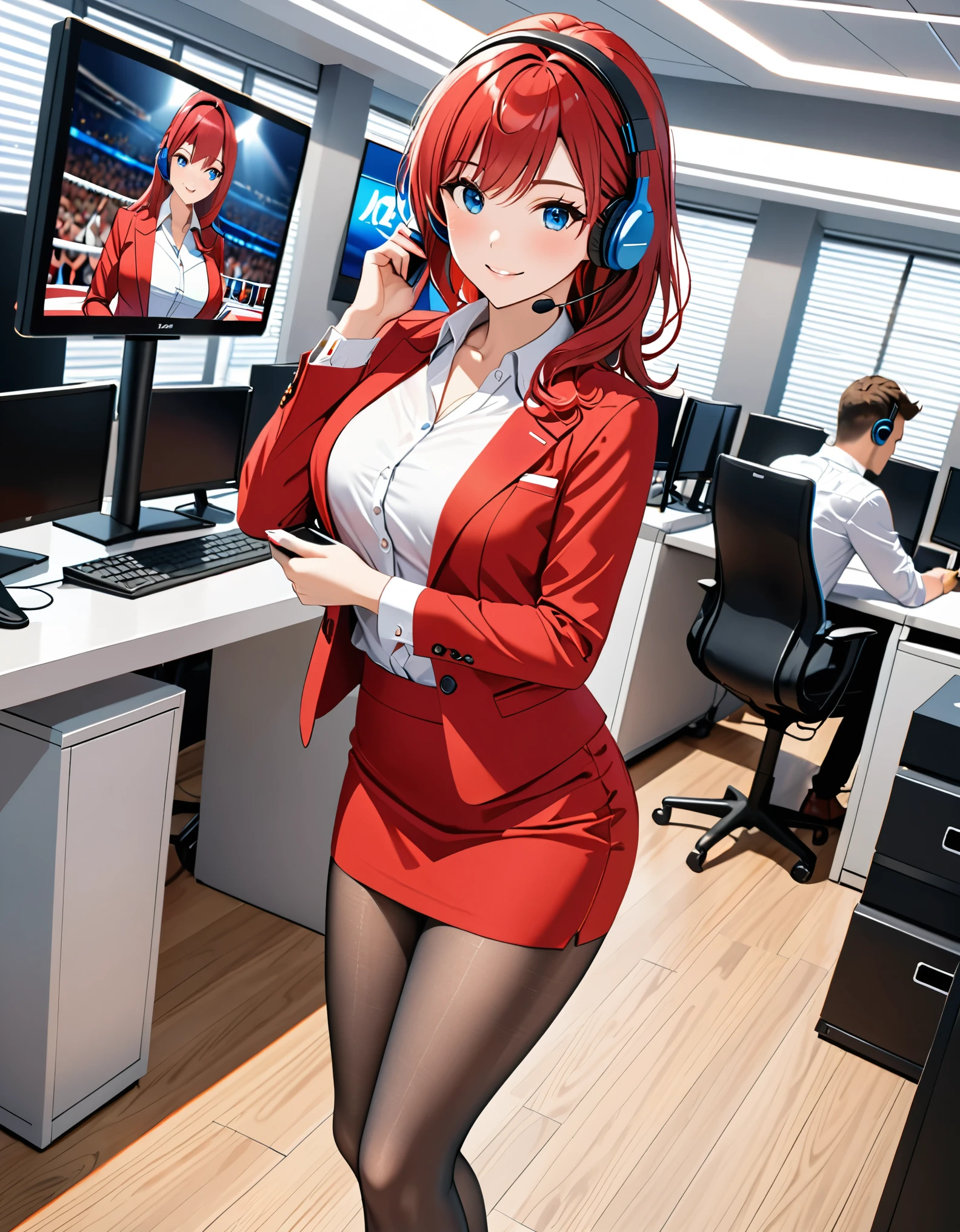 (masterpiece), (best quality), (high res), highly detailed, professional, 8k, 1woman, solo, solo focus, adult, cute and attractive woman, red skirt suit, white shirt, red skirt, pencil shirt, miniskirt, full grey pantyhose, ankle boots, matching high heels, red hair, dark blue eyes, white office interior, flatscreen tv monitors showing a boxing match, indoors, smile, casual, headset, holding tablet, cowboy shot, dutch angle, perspective, full body with costume.